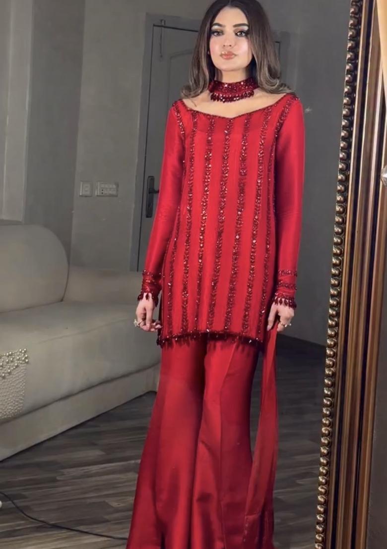 Red Sequin Work Silk Blend Kurta Set - Indya