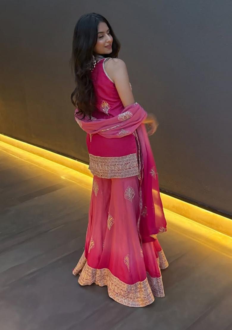 Pink Sequin Work Georgette Kurta Set - Indya