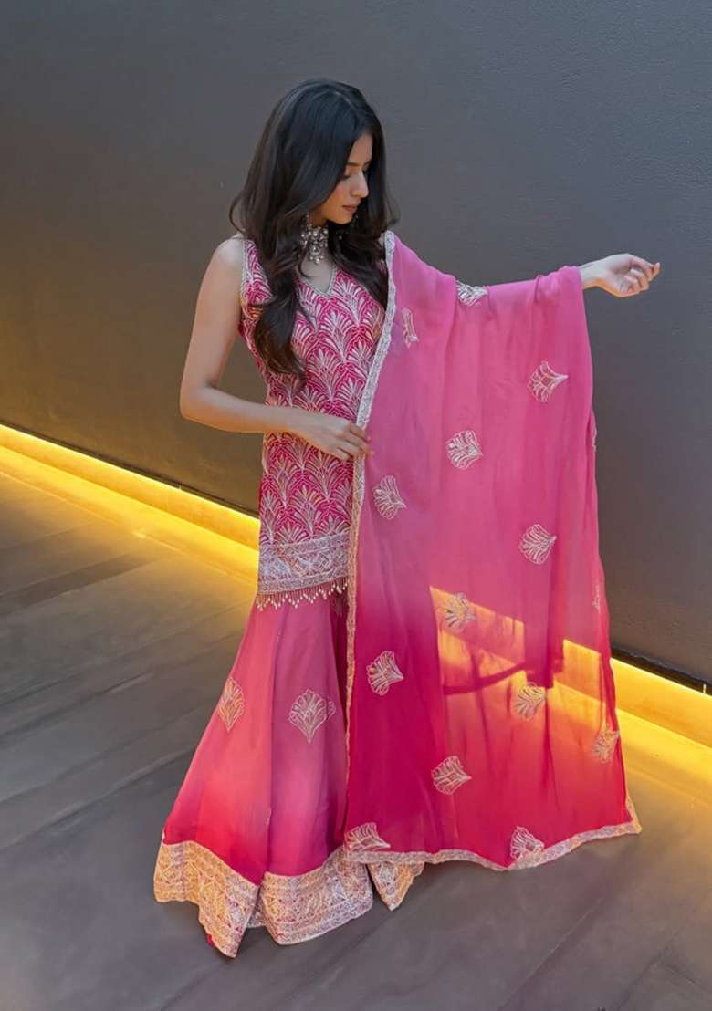 Pink Sequin Work Georgette Kurta Set - Indya