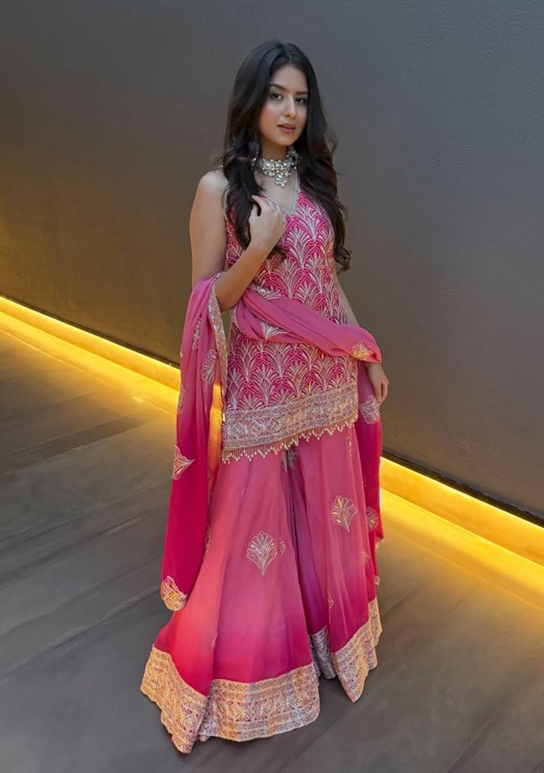 Pink Sequin Work Georgette Kurta Set - Indya