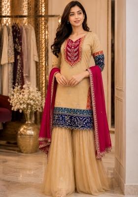 Beige Sequin Work Silk Blend Kurta Set