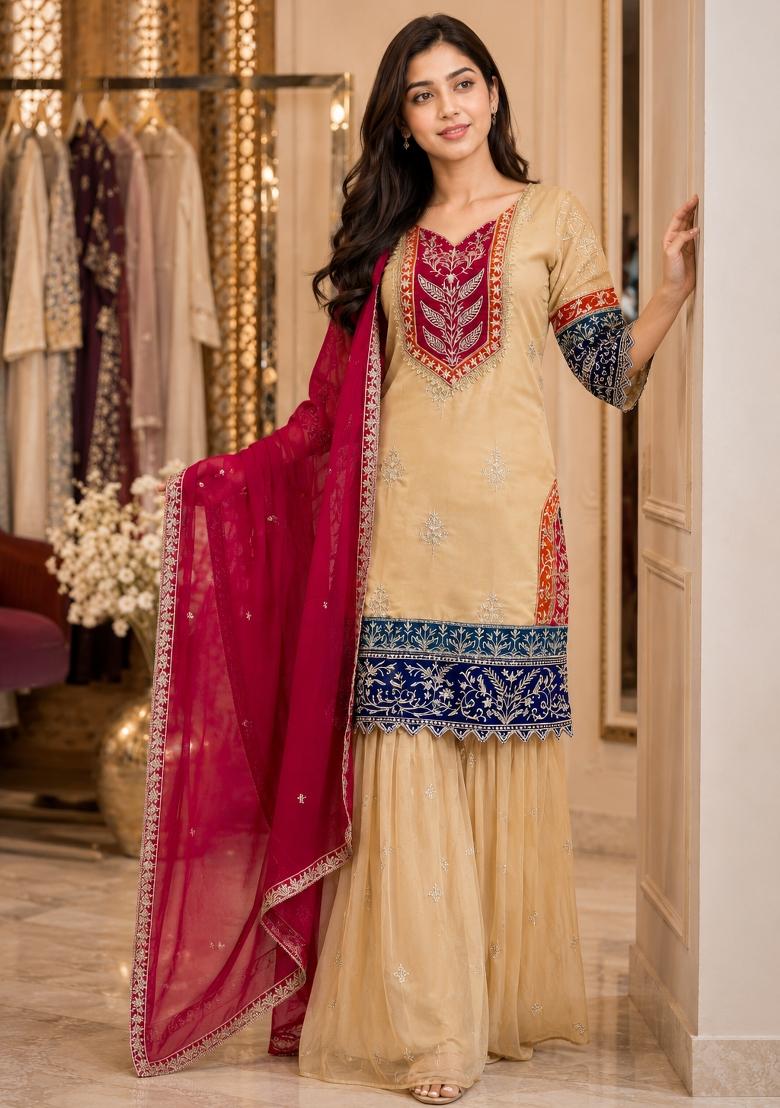 Beige Sequin Work Silk Blend Kurta Set - Indya
