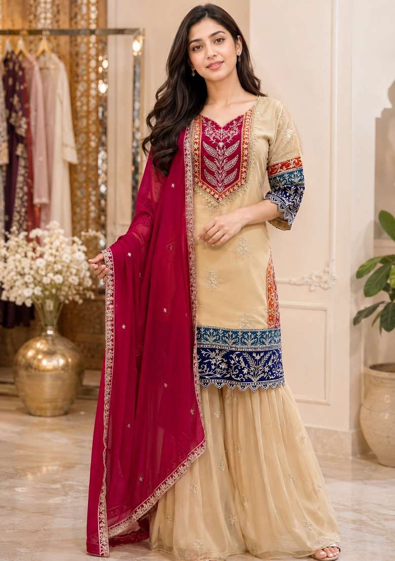 Beige Sequin Work Silk Blend Kurta Set - Indya