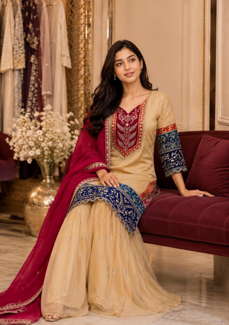 Beige Sequin Work Silk Blend Kurta Set - Indya