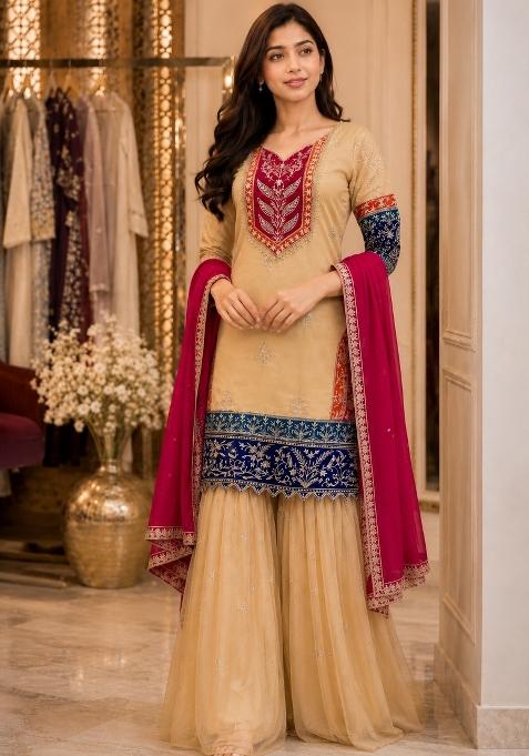 Beige Sequin Work Silk Blend Kurta Set