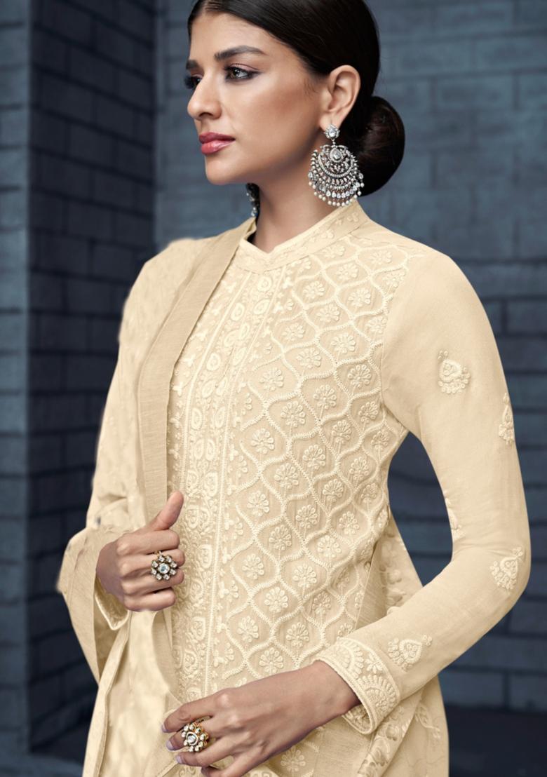 Cream Embroidered Georgette Kurta Set - Indya