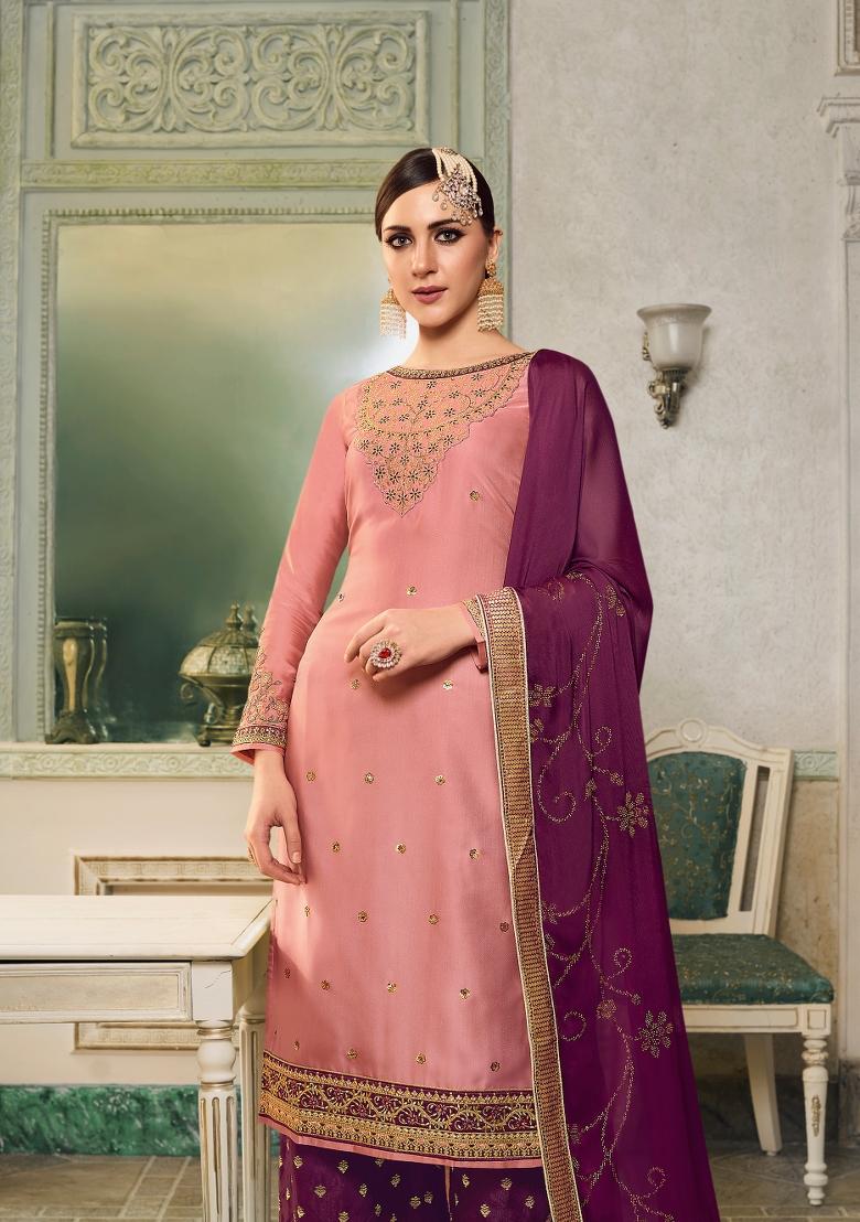 Pink Embroidered Silk Blend Kurta Set - Indya