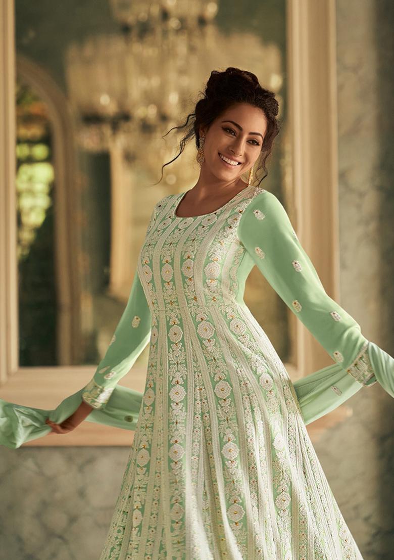 Green Embroidered Georgette Kurta Set - Indya