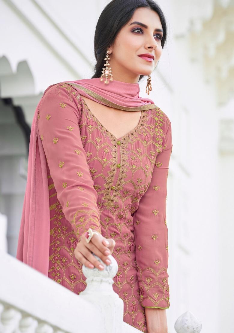 Pink Embroidered Georgette Kurta Set - Indya