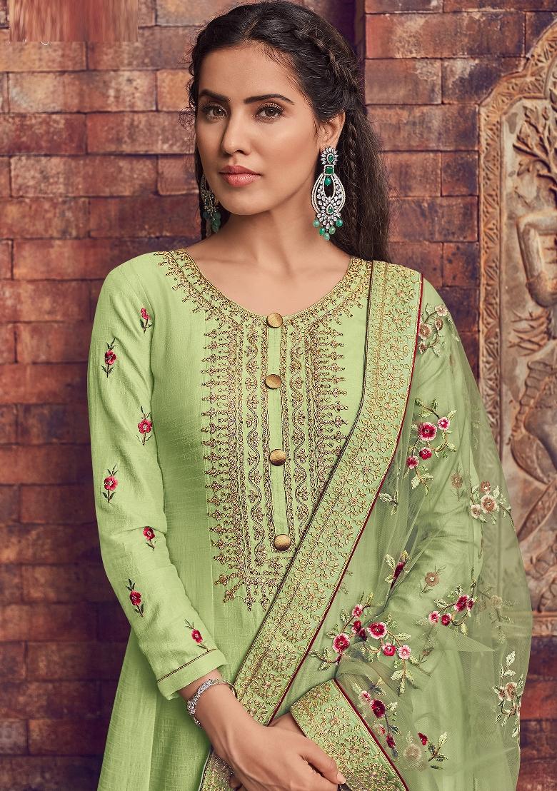 Green Embroidered Silk Blend Kurta Set - Indya