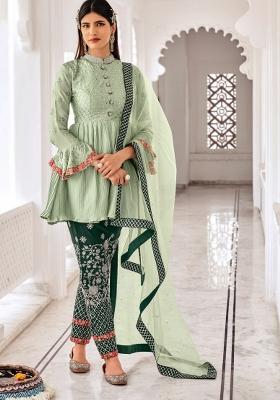 Green Embroidered Chinon Kurta Set