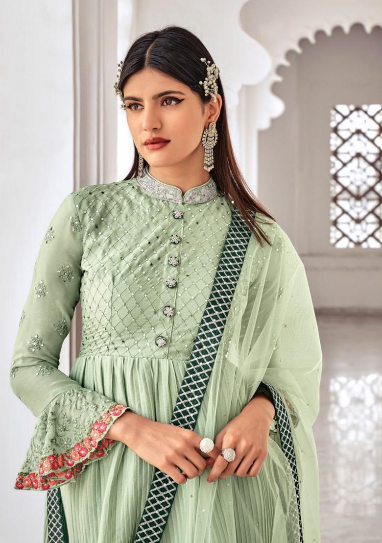 Green Embroidered Chinon Kurta Set - Indya
