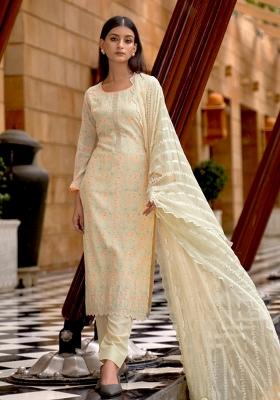 Cream Embroidered Silk Blend Kurta Set