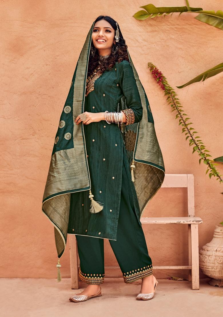 Green Embroidered Silk Blend Kurta Set - Indya