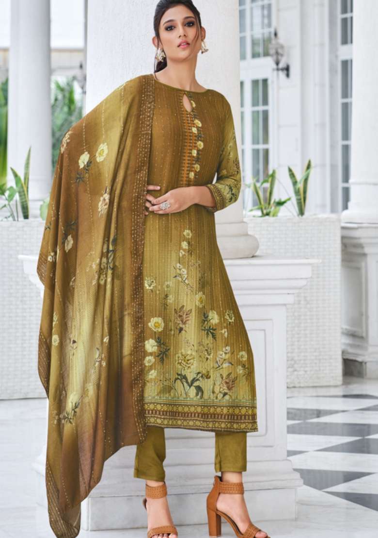 Olive Green Embroidered Muslin Kurta Set - Indya