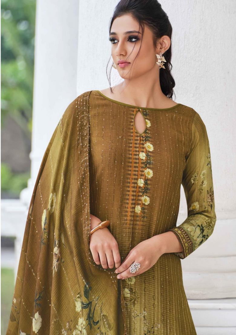 Olive Green Embroidered Muslin Kurta Set - Indya