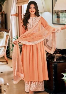 Peach Embroidered Georgette Kurta Set