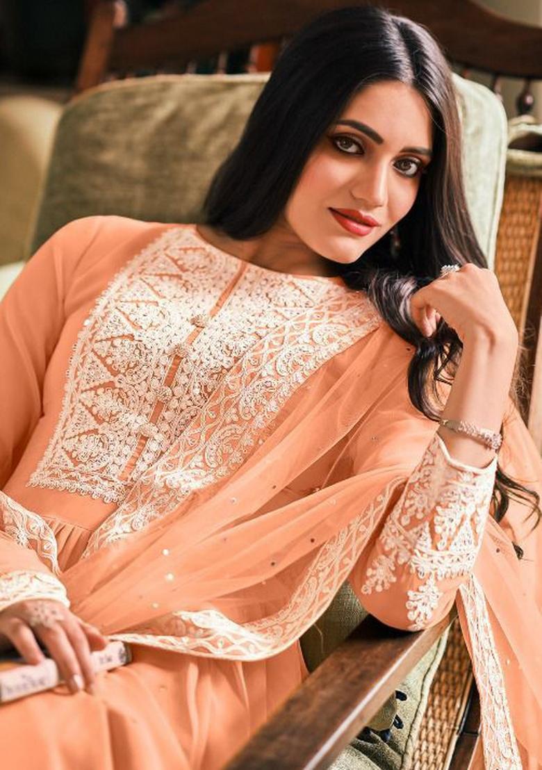 Peach Embroidered Georgette Kurta Set - Indya