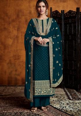 Teal Green Embroidered Georgette Kurta Set