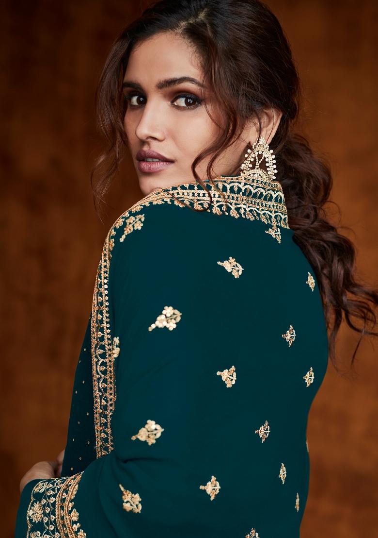 Teal Green Embroidered Georgette Kurta Set - Indya