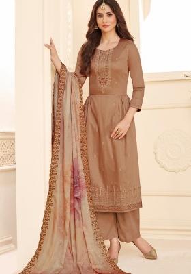 Brown Embroidered Silk Kurta Set
