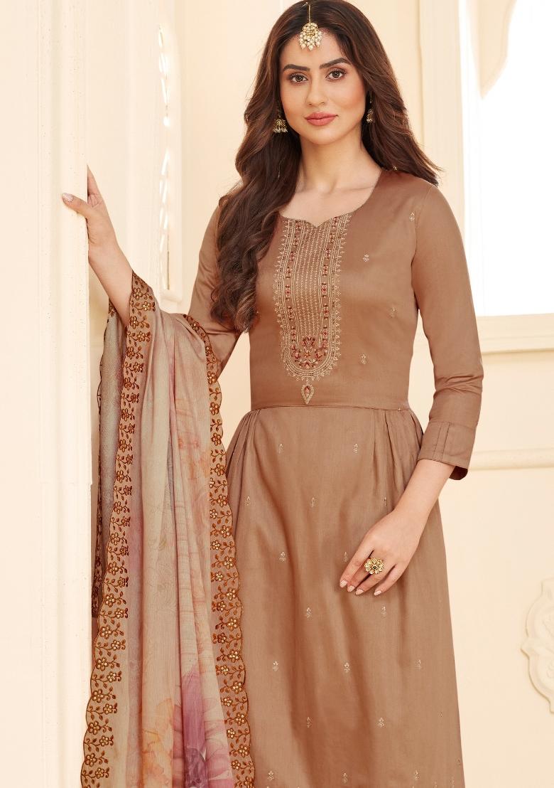 Brown Embroidered Silk Kurta Set - Indya