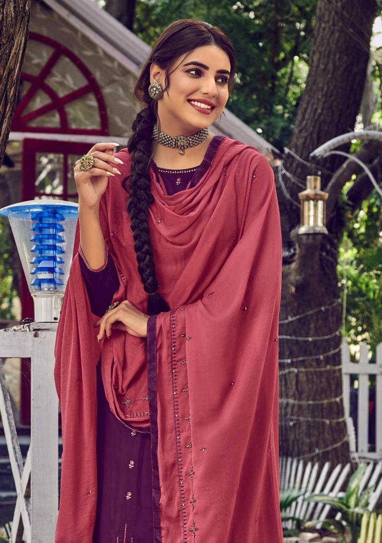 Purple Embroidered Cotton Kurta Set - Indya