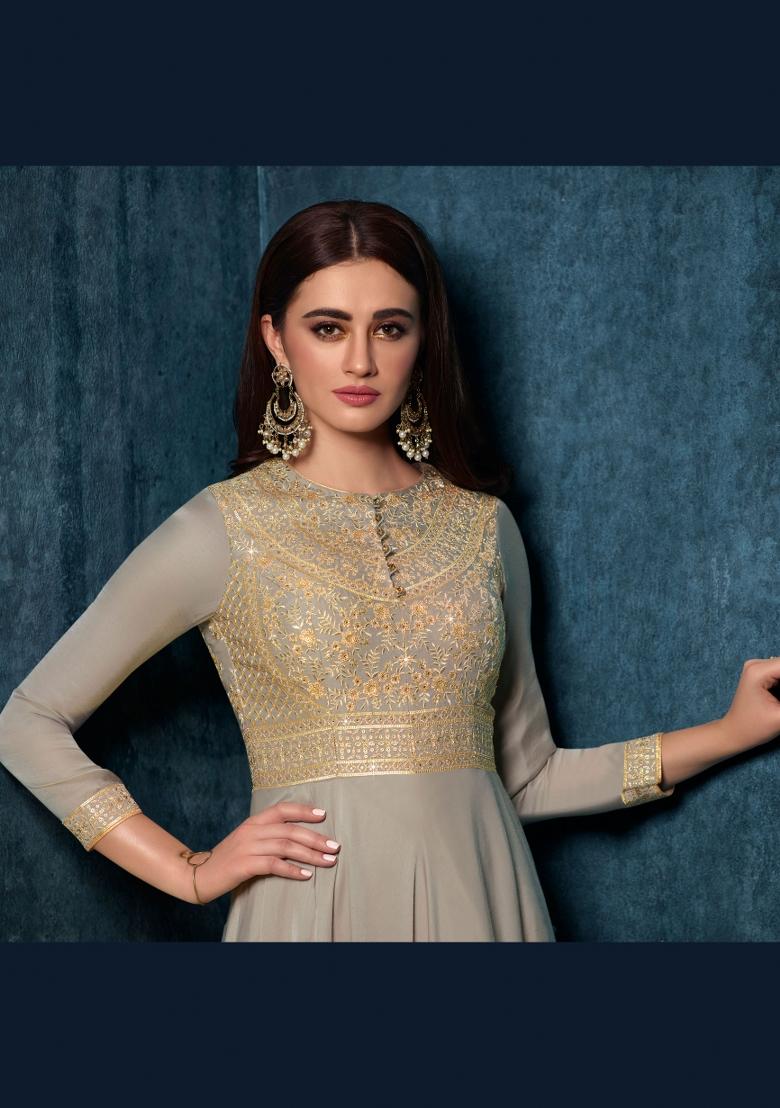 Grey Embroidered Satin Kurta With Dupatta - Indya