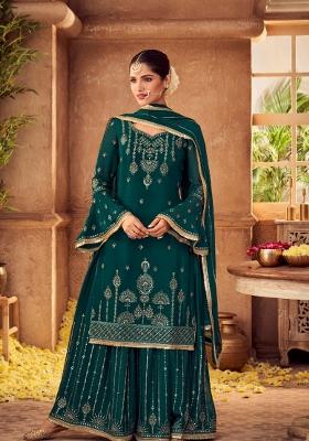 Green Embroidered Chinon Kurta Set