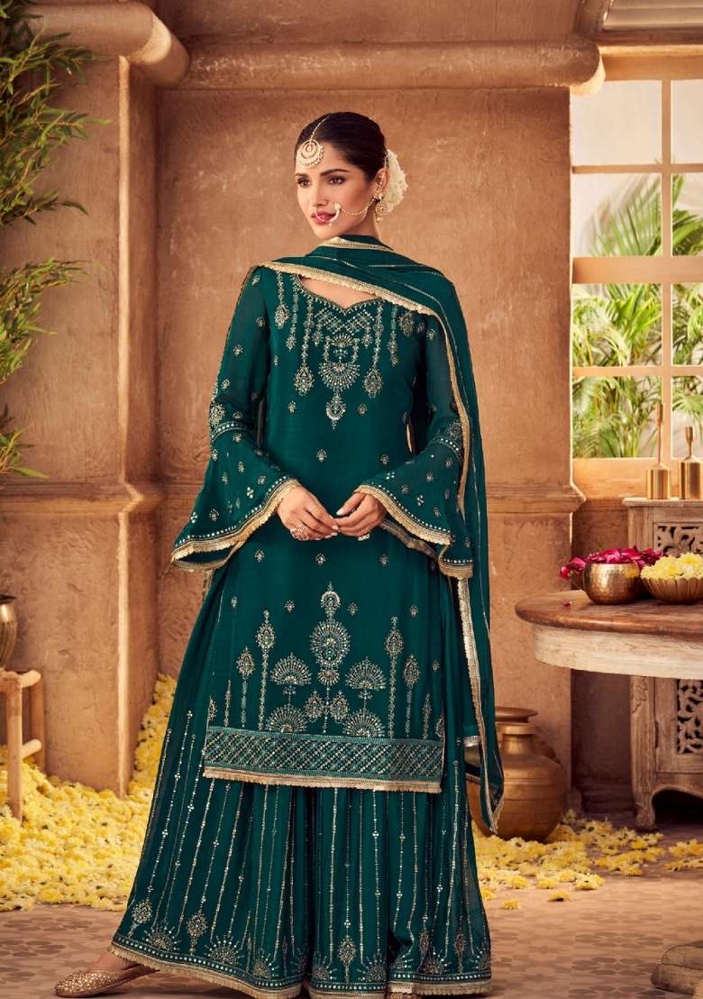 Green Embroidered Chinon Kurta Set - Indya