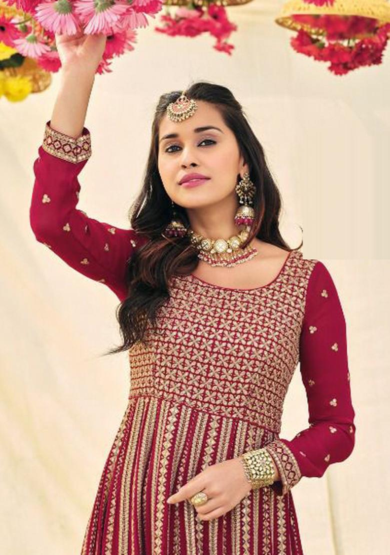 Pink Embroidered Georgette Kurta Set - Indya
