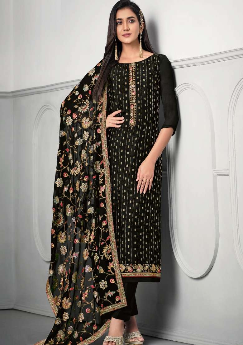 Black Embroidered Chinon Kurta Set - Indya