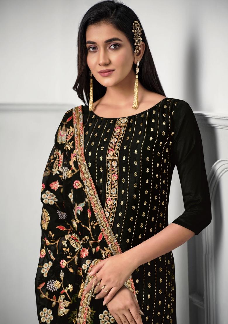 Black Embroidered Chinon Kurta Set - Indya