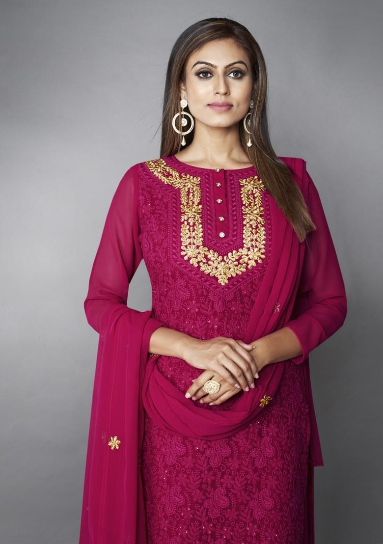 Pink Embroidered Georgette Kurta Set - Indya