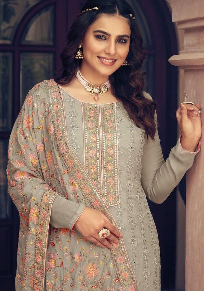 Fawn Embroidered Georgette Kurta Set - Indya