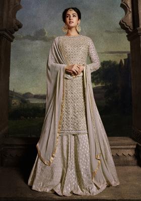 Grey Embroidered Net Kurta Set