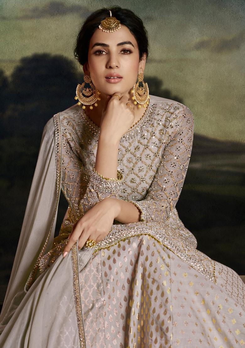 Grey Embroidered Net Kurta Set - Indya