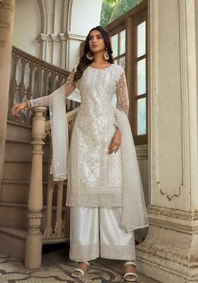 White Embroidered Net Kurta Set