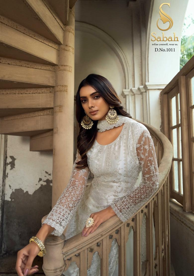 White Embroidered Net Kurta Set - Indya