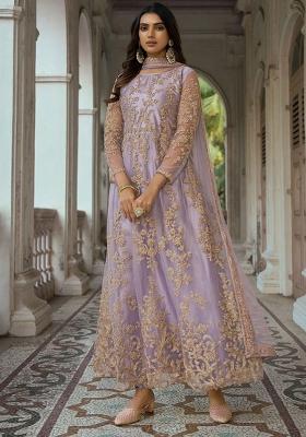 Lilac Embroidered Net Kurta Set