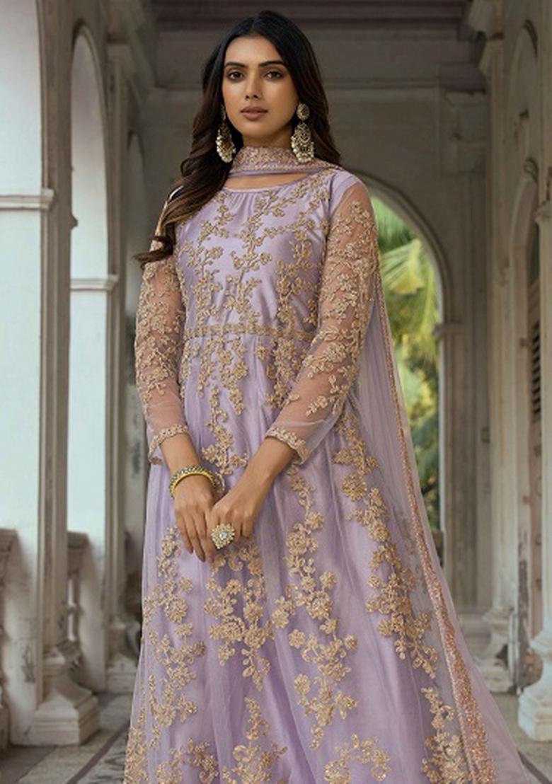 Lilac Embroidered Net Kurta Set - Indya