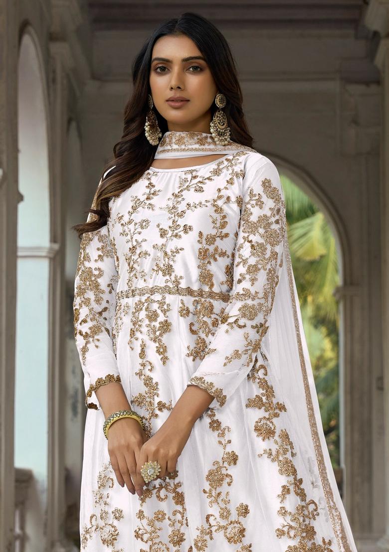 White Embroidered Net Kurta Set - Indya
