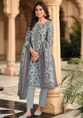 Grey Embroidered Linen Kurta Set