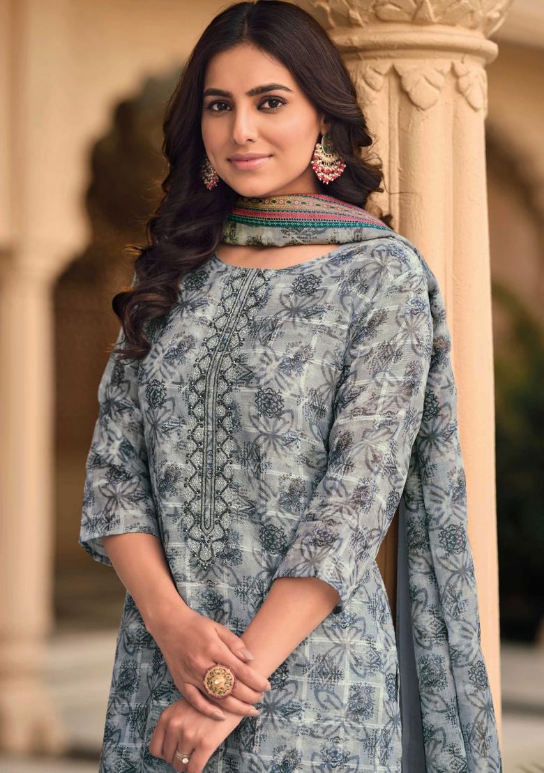 Grey Embroidered Linen Kurta Set - Indya