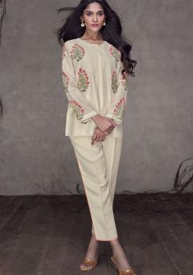 Cream Embroidered Silk Kurta Set