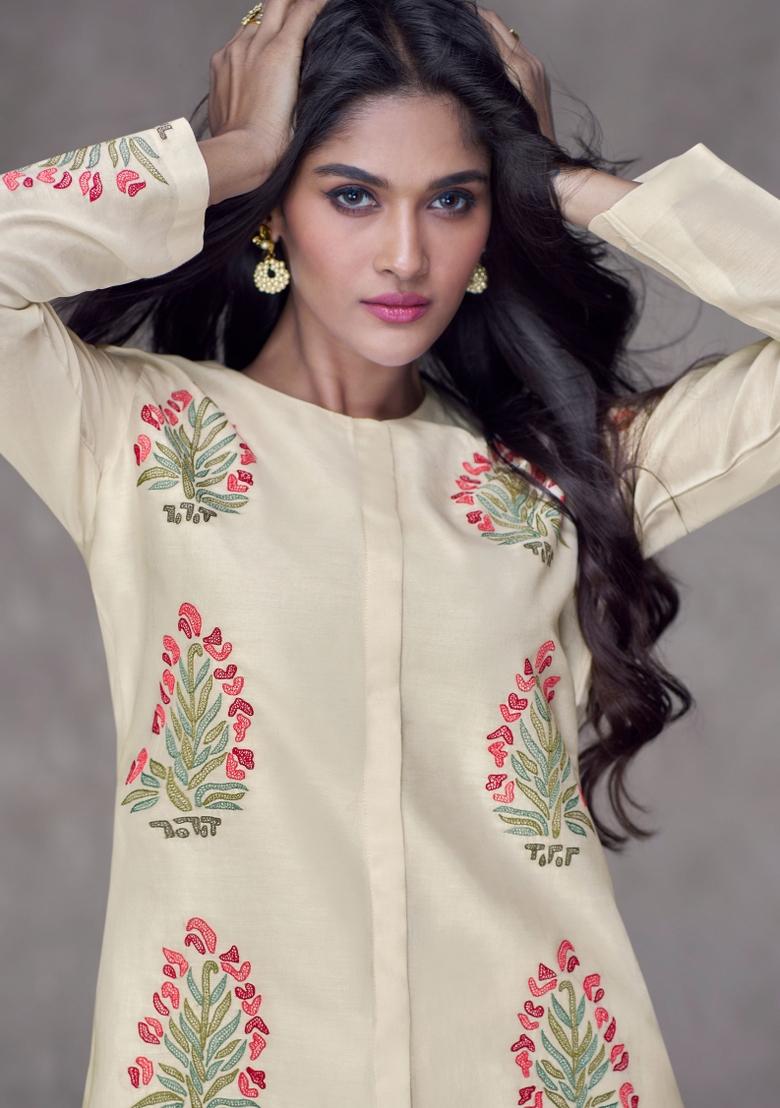 Cream Embroidered Silk Kurta Set - Indya