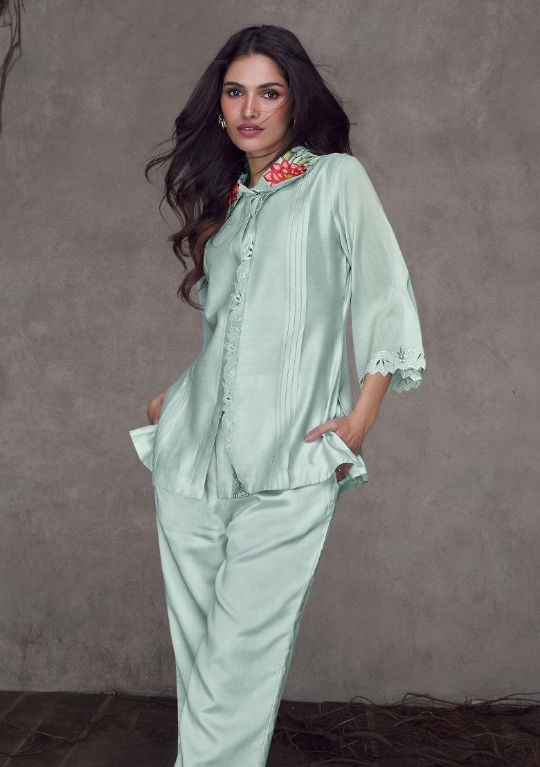 Mint Blue Embroidered Silk Kurta Set - Indya