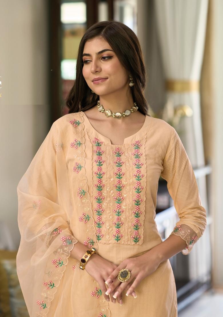 Beige Embroidered Cotton Kurta Set - Indya