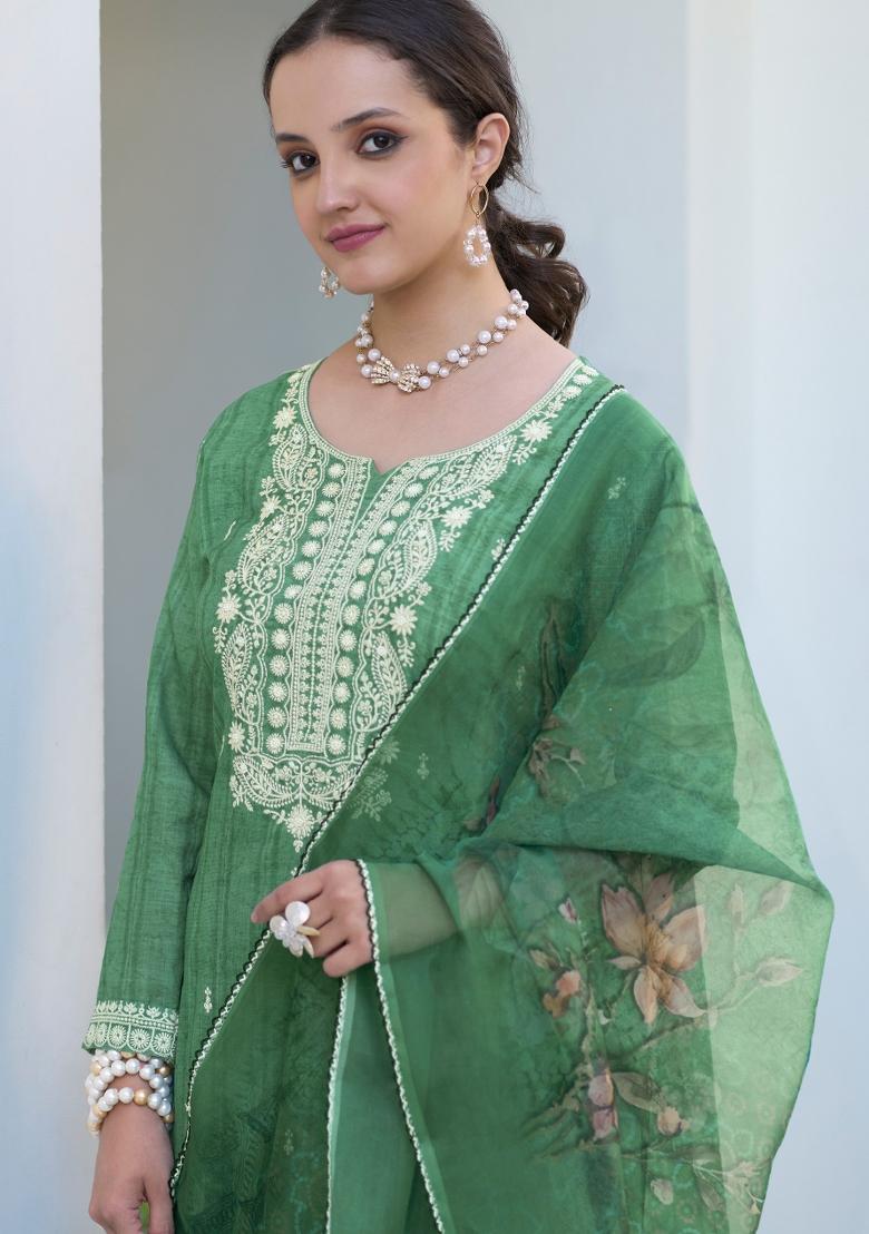 Green Embroidered Cotton Kurta Set - Indya