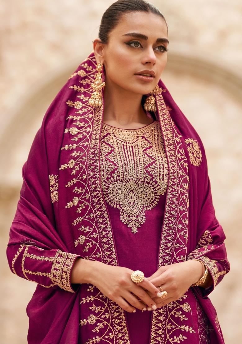 Pink Embroidered Silk Kurta Set - Indya